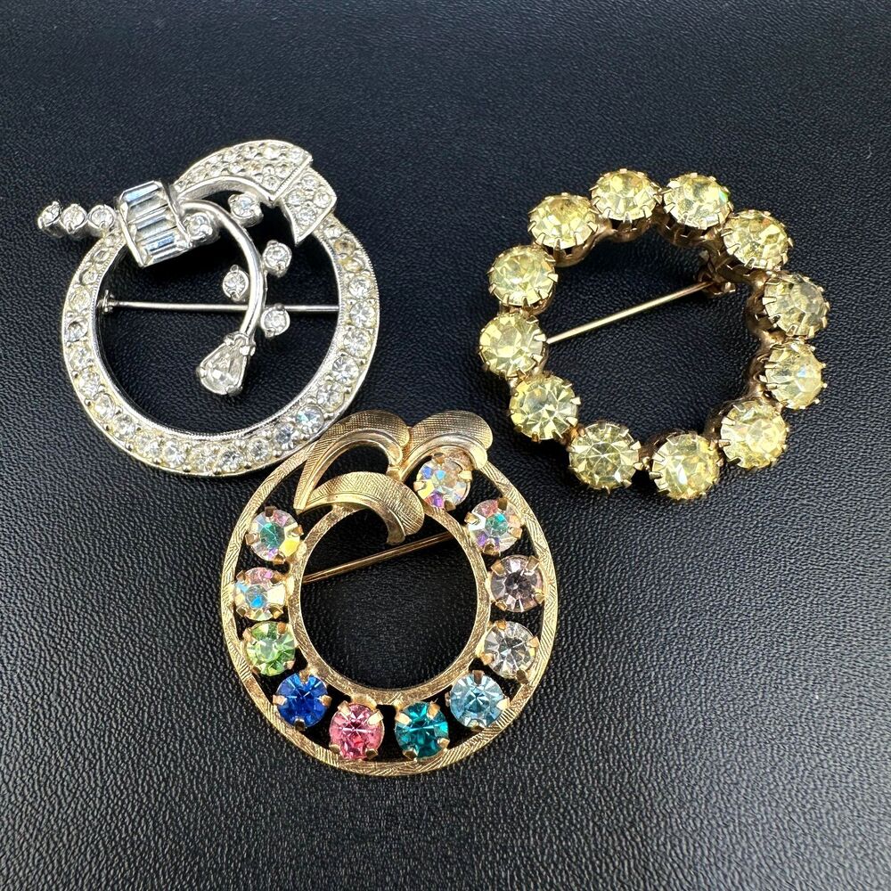 Vintage Rhinestone Brooch Lot Round Circle Wreath Bow AB Multicolor Prong Set